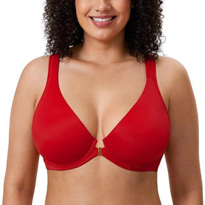 Front view of blue seamless full cup underwired bra with front clasp closure - MissFine