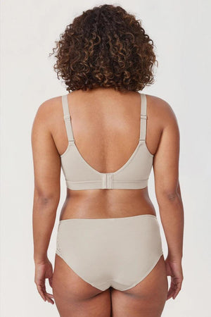 Back view of beige non wired full cup bra with wide back band and hook-and-eye closure - MissFine