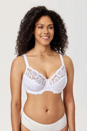 Close-up of scalloped floral lace overlay on white full cup underwire bra - MissFine