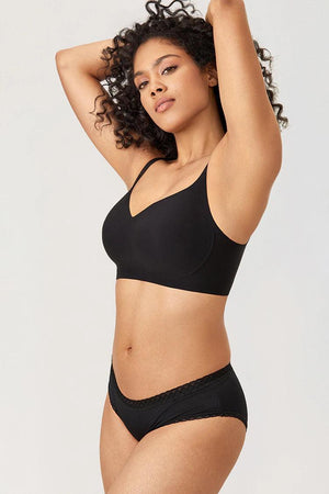 Side angle of black wireless padded bra showing wide underband and soft full cup profile - MissFine