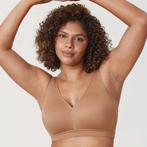 Front view of beige plus size wireless bra with smooth full coverage cups - MissFine