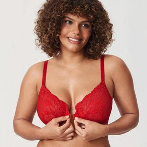 Front view of red lace front-closure plunge bra with molded cups and adjustable straps - MissFine