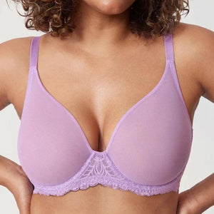 Side angle of plus size pink bra showing molded cups and adjustable straps - MissFine