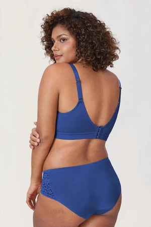 Back view of blue full coverage bra for heavy bust with posture support back panel and adjustable straps - MissFine