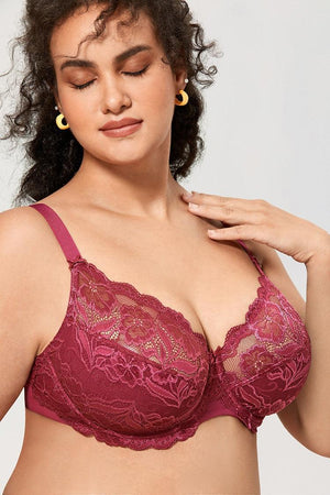 Side angle of purple lace full cup underwired bra showing molded cups and straps - MissFine