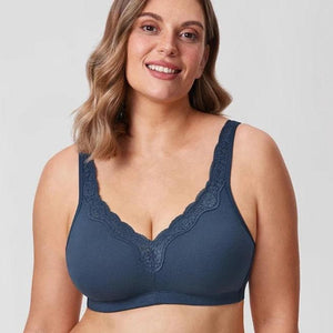 Front view of blue non wired full cup bra with lace V-neckline and full coverage cups - MissFine