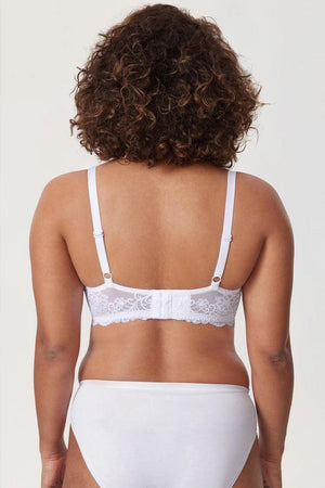 Back view of white bra with lace band, padded cups and hook-and-eye closure - MissFine