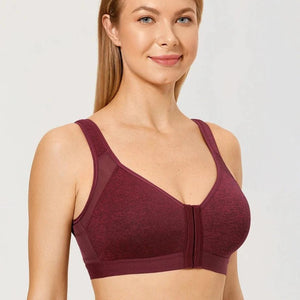 Front view of burgundy plus size bra showing molded full cups and center front zip closure - MissFine