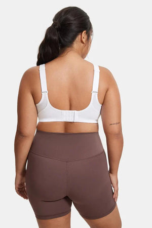 Close-up of seamless molded cup and wide underband on white full cup bra - MissFine