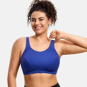 Side angle of blue racerback sports bra showing wide straps and smooth, seamless cups for full coverage - MissFine