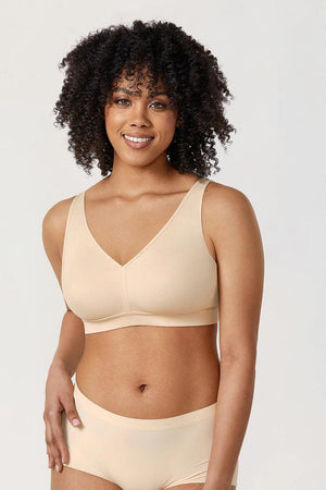 Side angle of seamless non wired bra showing wide straps and smooth cotton cups - MissFine