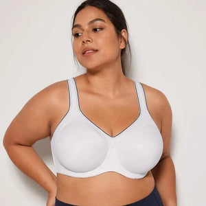 Front view of plus size white sports bra with full coverage underwire cups and black trim - MissFine