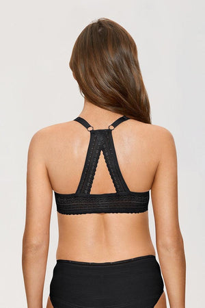 Back view of black lace racerback bra showing triangular cutout and scalloped band - MissFine