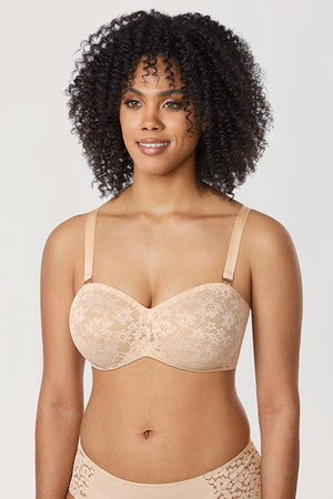 Front view black cotton lace full cup strapless bra with molded underwire cups - MissFine