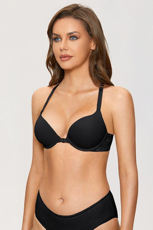 Front view of white underwired racerback bra with lace center panel and smooth cups - MissFine