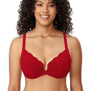 Front view of cotton plus-size white full cup padded bra with lace and front clasp closure - MissFine