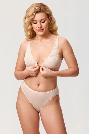 Front view of white lace front clasp bra with molded full coverage cups - MissFine