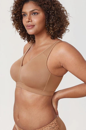 Close-up of soft breathable fabric and V-neckline on plus size wireless padded bra - MissFine