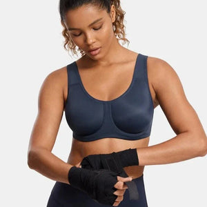 Front view of navy blue full cup underwired sports bra with wide straps and molded cups - MissFine