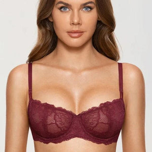 Side angle showing deep V neckline and thin adjustable straps on lace bra - MissFine