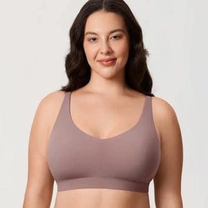 Front view of mauve plus size wireless full cup pull-on bra with wide straps - MissFine