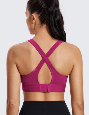 Back view of magenta racerback sports bra with crossed straps and keyhole detail - MissFine