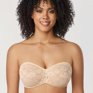 Front view cotton lace nude full cup strapless bra with lace overlay and padded cups - MissFine