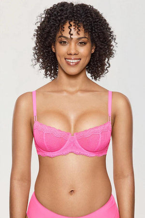 Close-up of scalloped lace and mesh dot detail on balconette bra cup and center gore - MissFine