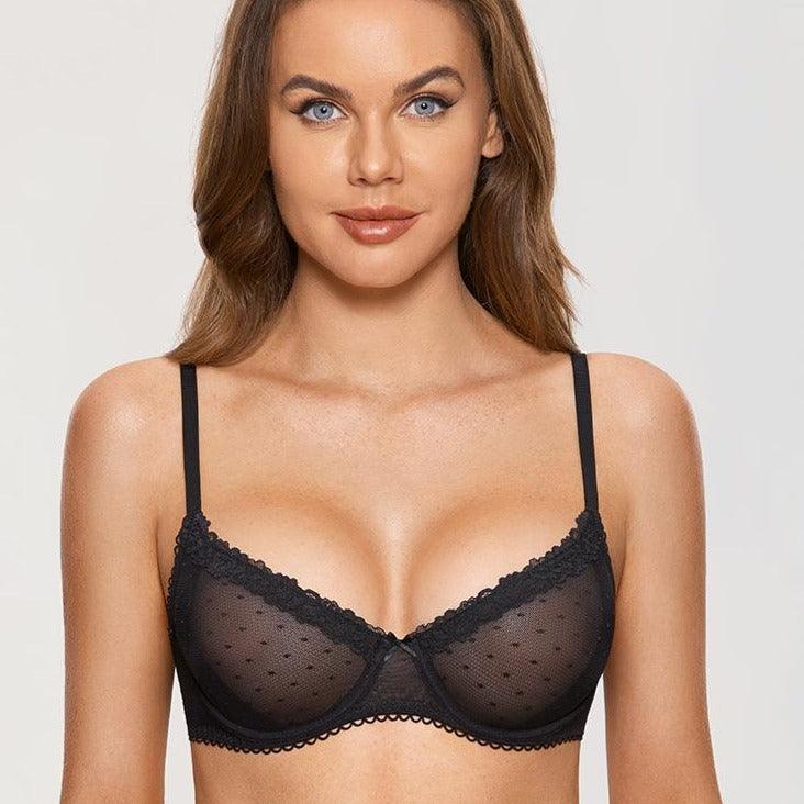 Side angle showing plunge neckline and adjustable straps on black demi cup bra - MissFine