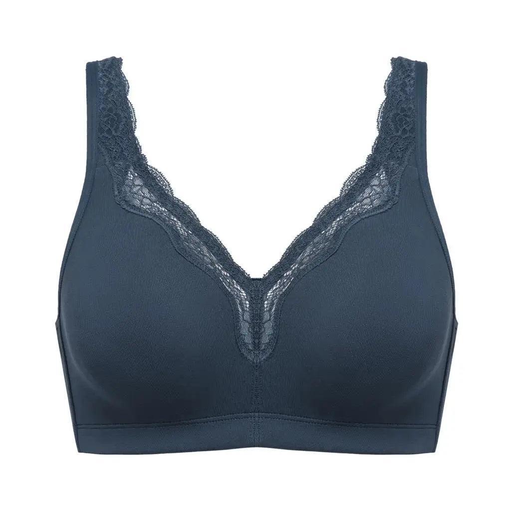 Side angle of plus size brown bra showing soft unlined cotton cups and wide straps - MissFine