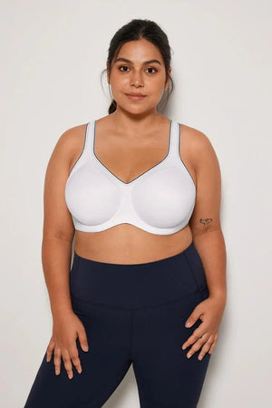 Side angle of white full cup underwire bra showing wide adjustable straps and smooth molded cups - MissFine