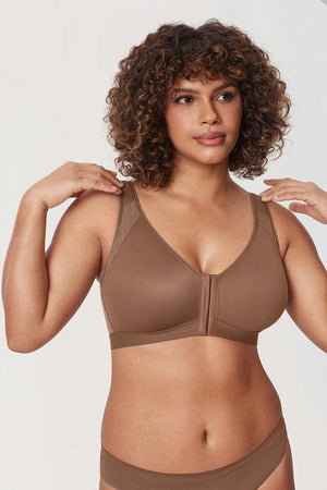 Side angle of brown wireless front closure bra highlighting smooth molded cups and support - MissFine