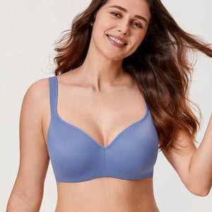Front view of blue seamless full cup t shirt bra with lightly padded molded cups - MissFine