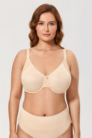 Close-up of lace trim and center gore bow on smooth molded cup nude bra - MissFine