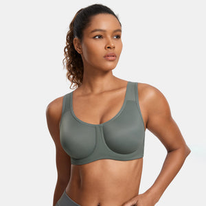 Back view of navy blue sports bra with wide straps and hook-and-eye back closure - MissFine