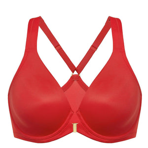 Close-up of gold front clasp and smooth molded cups on red bra - MissFine