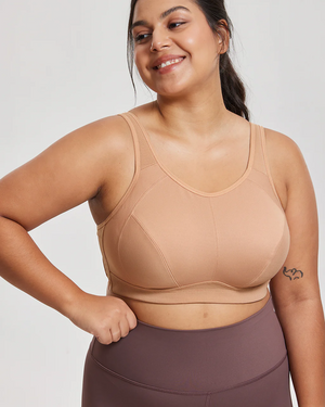 Side angle of beige full coverage minimiser bra showing smooth seamless cups and wide underband - MissFine