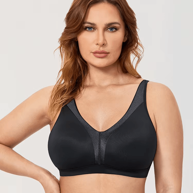 Front view black plus size bra with smooth full cup design and V neckline - MissFine