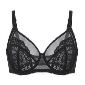 Close-up of black lace underwire bra with sheer mesh and floral embroidery on the cups - MissFine
