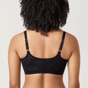 Back view of black lace bra showing full lace band, standard strap placement, and hardware - MissFine