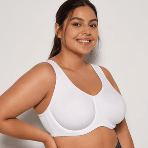 Side angle of white racerback sports bra showing smooth full coverage cups and supportive underband - MissFine