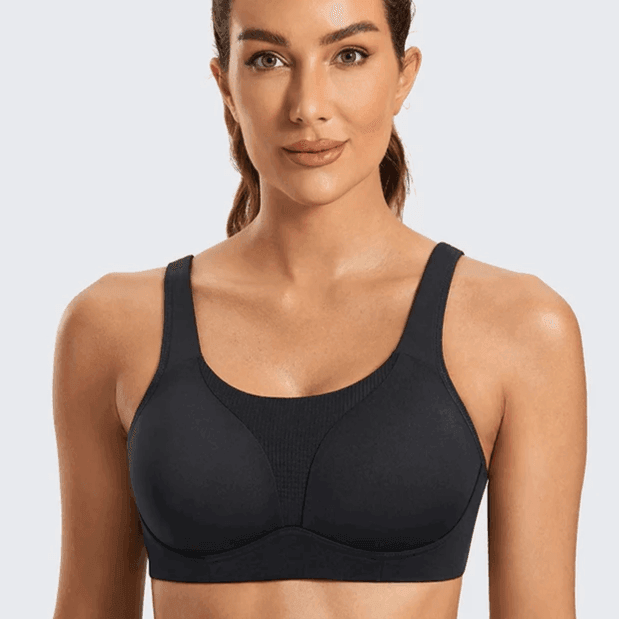 Side angle of royal blue wireless padded sports bra showing smooth seamless band - MissFine