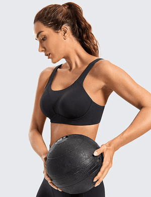 Back view of black sports bra with wide straps and pull-on style for easy wear - MissFine