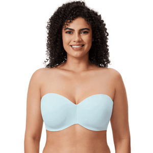 Front view of light blue seamless strapless bra with molded cups and demi neckline - MissFine