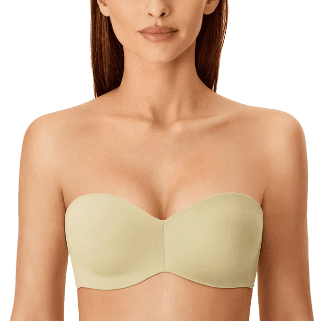 Side angle showing smooth molded cup and underwire support on light blue strapless bra - MissFine