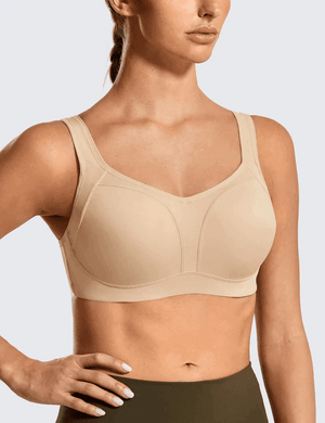 Close-up of smooth molded cups and center panel detail on sports bra - MissFine