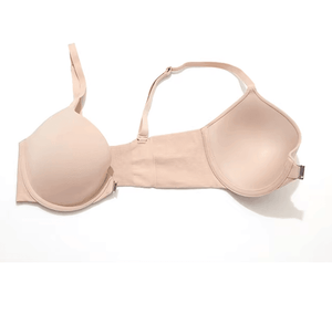 Close-up of front clasp on seamless molded cup bra highlighting smooth finish and light padding - MissFine