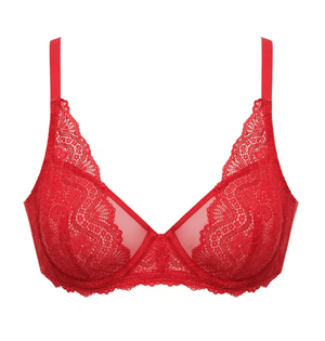 Close-up of unpadded lace cups on black underwired non padded bra with sheer mesh overlay - MissFine