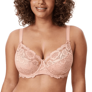 Front view beige Spanish lace full cup underwire bra with moulded cups and bow detail - MissFine