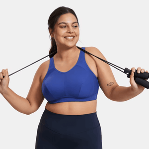 Front view of royal blue plus size sports bra with molded full-coverage cups and wide underband - MissFine